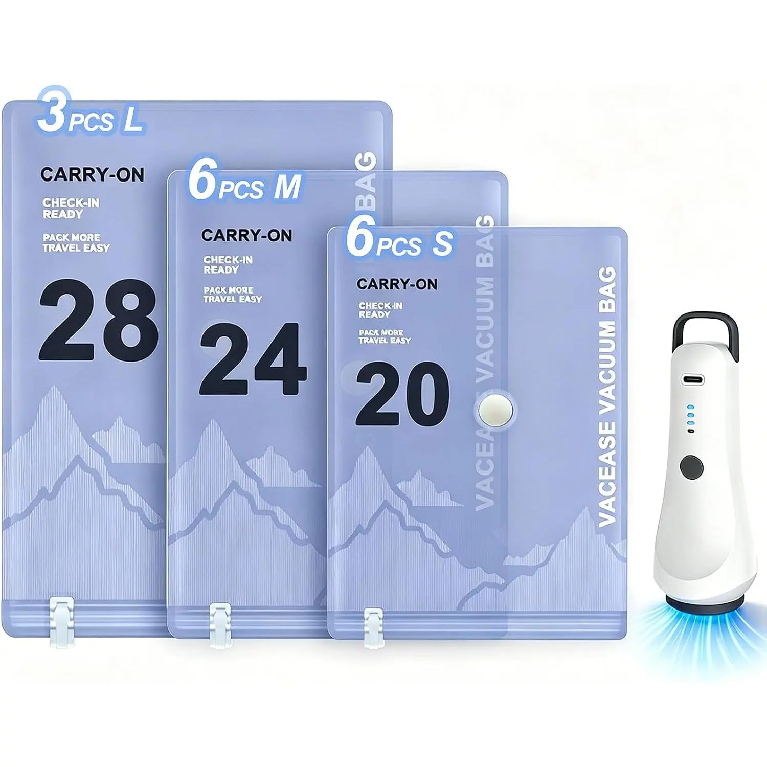 15 Pack Vacuum Storage Bags with Rechargeable Pump Travel Luggage Clothing | 15-pack 3-size vacuum bags, tight air seal, tearproof fabric, space-saving clothes luggage closet, rechargeable pump included