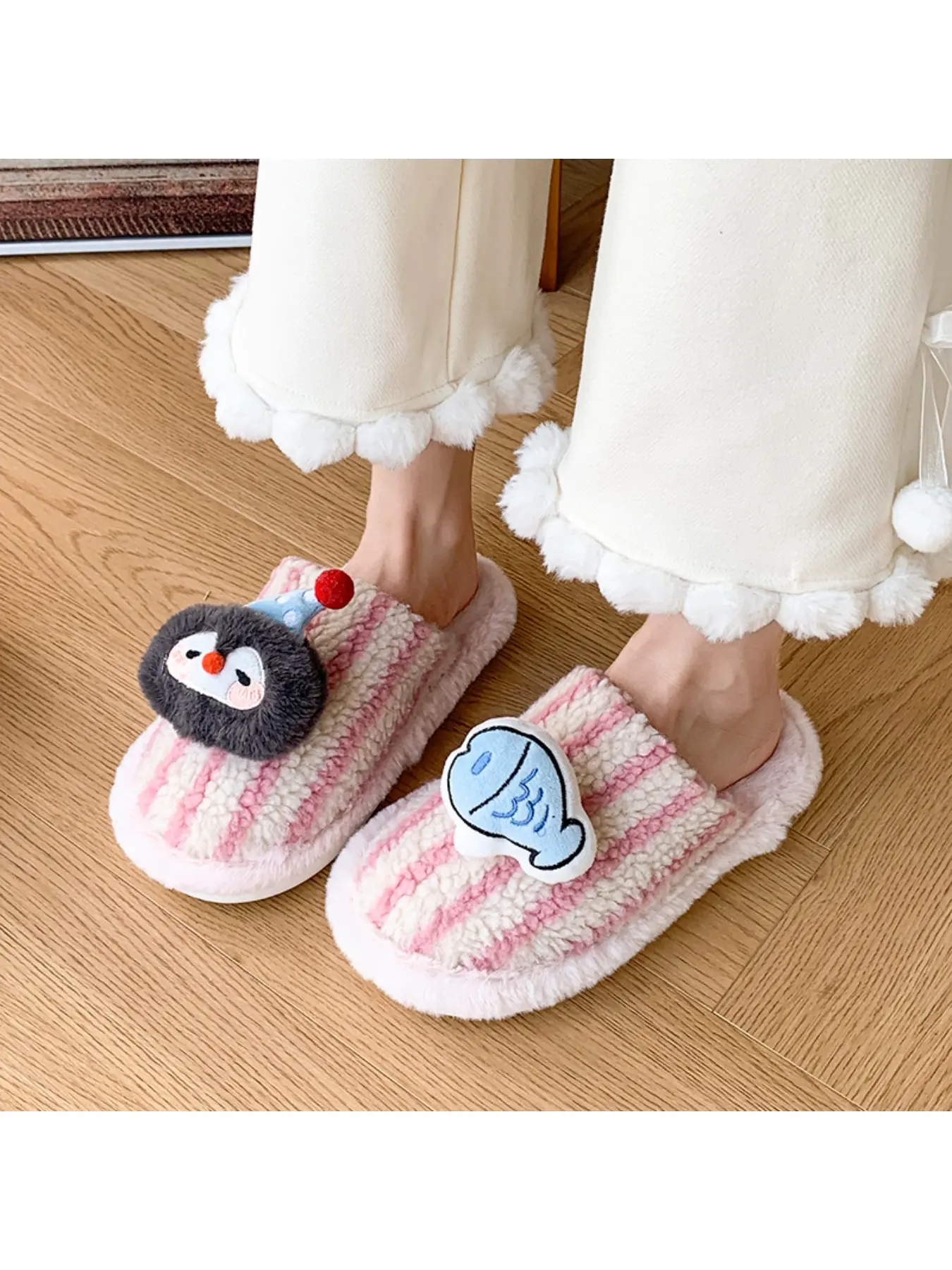 Color Contrasting Vertical Stripe Baotou Home Slippers, Women's 3D Cute Penguin Little Fish Cartoon Striped Plush One Line Slippers, Women's Autumn and Winter Lightweight Soft Bottom Warm Cool Drag