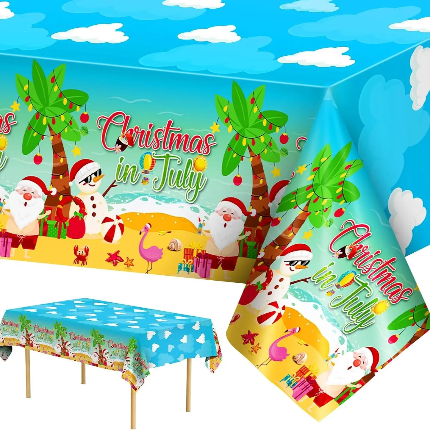 2D Flat Party Tablecloth 1pc, Christmas Tablecloth, Summer Hawaiian Beach Decor, Polyester Rectangular Blue, No Power Needed