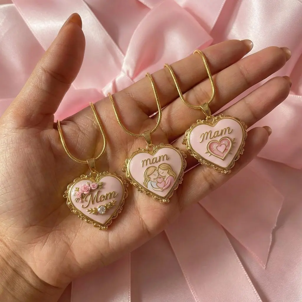 Blush Pink Locket Necklace for Female, Niche Style Copper Jewelry with 10 - 15Mm 'Mam' Heart, Warm and Exquisite Design, Long Chain, Elegant, Any Occasion, Stainless Steel, Box, Daily, Letter, Copper Coated, Pendant, Choking Hazard Small Parts, Love, Mam,