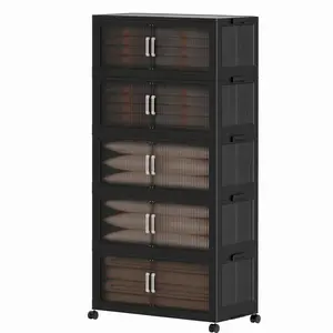 Wheeled Collapsible 5-Tier Stackable Storage Bins with Lids, Plastic Closet Storage Organizer for Dorm, Office & Living Room