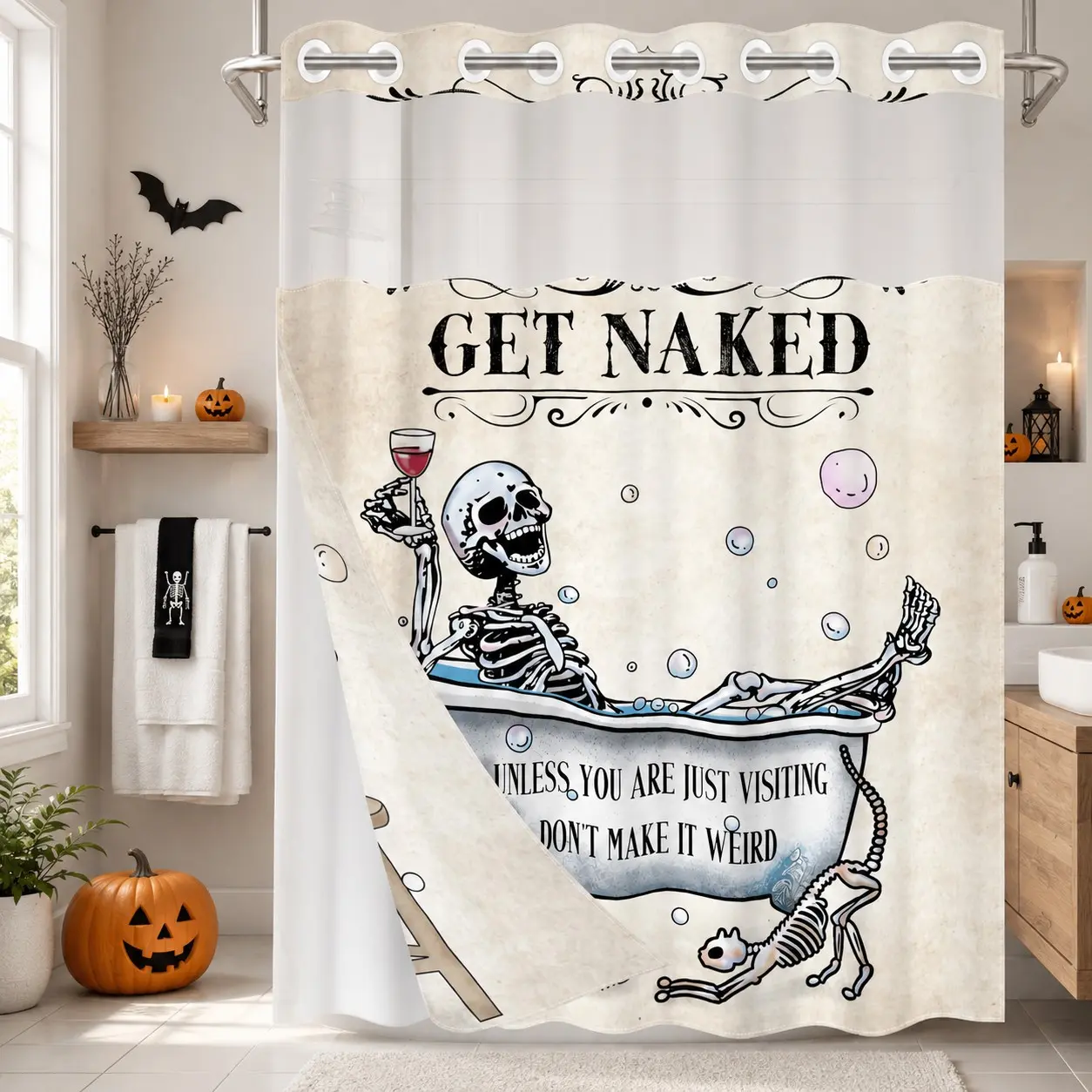 1Pc Hookless Double Layer Shower Curtain, Funny Skeleton Bathtub Wine Glass Print, Gothic Bathroom Decor, Waterproof Mildew Resistant Washable Fabric, Removable Snap-in Liner, Top See-Through Window, For Apartment, Guest Bath, RV