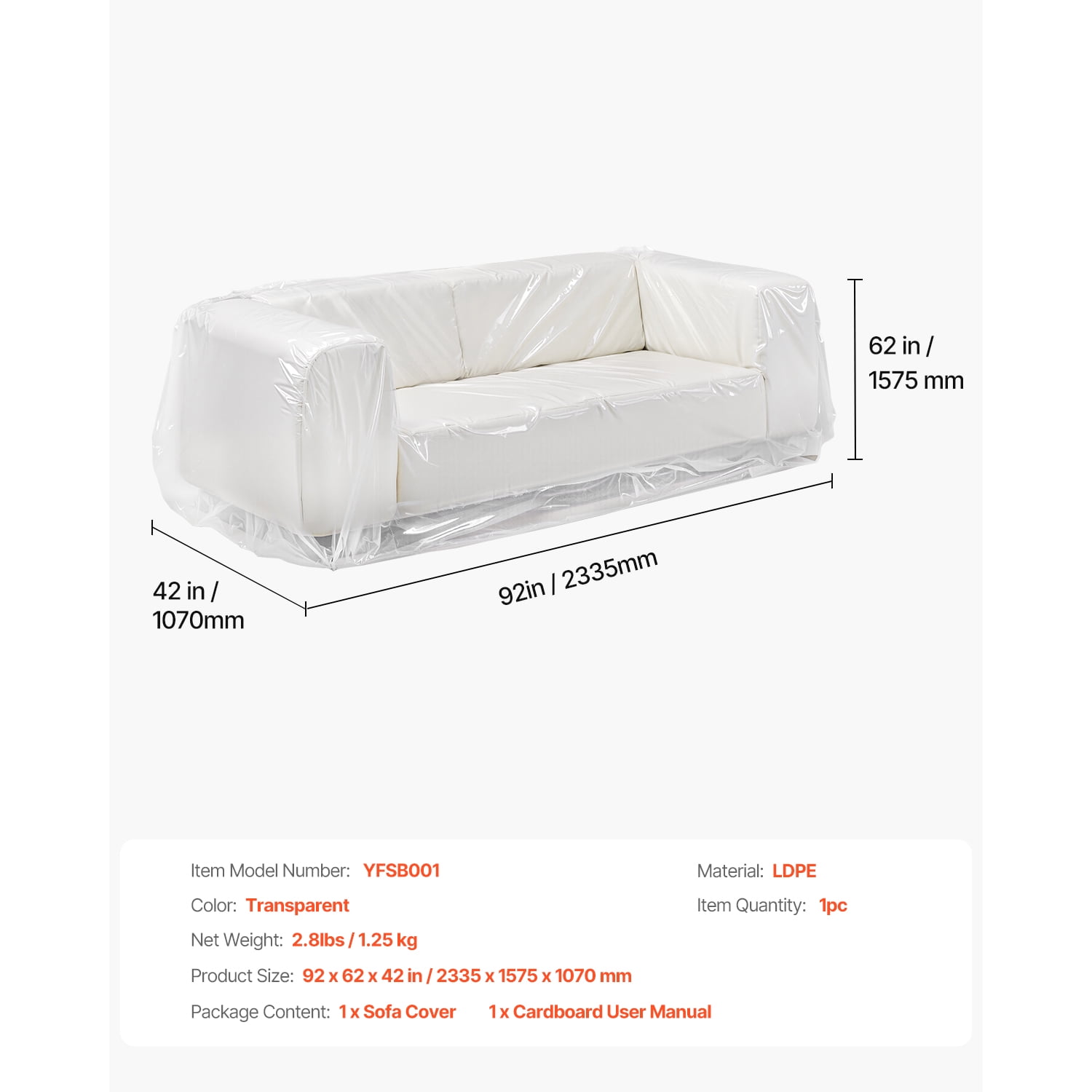 Transparent Heavy Duty Plastic Sofa Cover, 4 Mil LDPE Couch Protector, Waterproof Dust & Scratch Resistant Furniture Bag for Moving, Storage, Renovation, 92 x 62 x 42 Inches