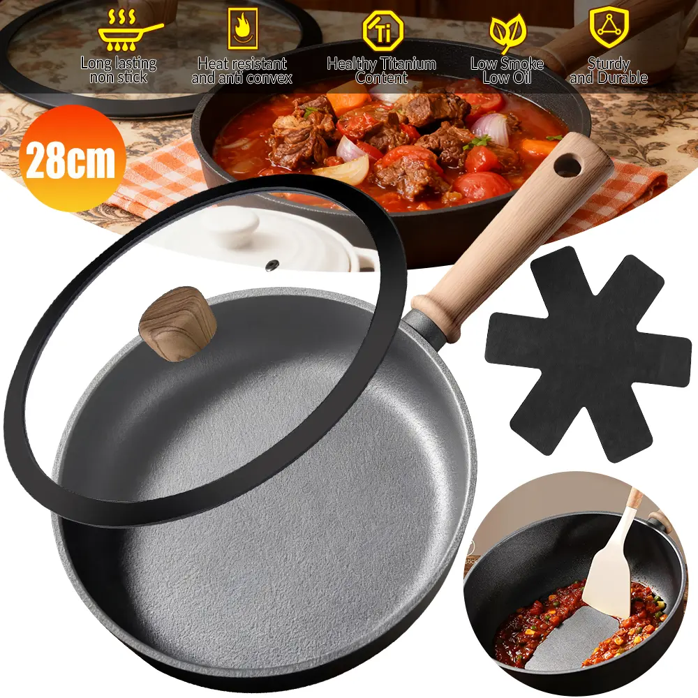 Cast Aluminum Wok Pan 28cm with Glass Lid Non Stick Induction Compatible Fast Even Heating Ergonomic Handle PFOS PFOA Free for Gas Electric