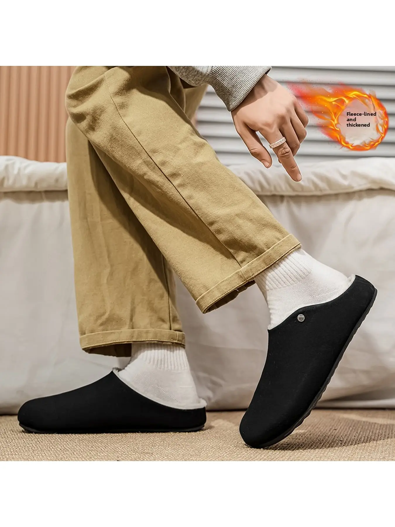 Unisex fleece-lined clogs, faux suede slip-on mules, with thick plush lining for warmth, comfortable winter home shoes, suitable for both indoor and outdoor wear, available in multiple neutral color options
