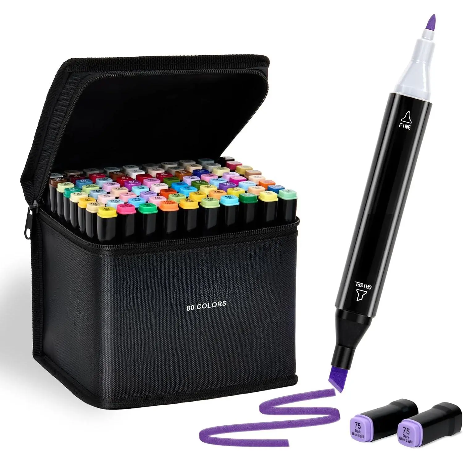 80-Color Artistic Dual-Tip Markers Set with Black Penholder - Chisel & Fine Tips for Adult Coloring Books, Drawing, Sketching, Painting | Office Stationery Writing Tool