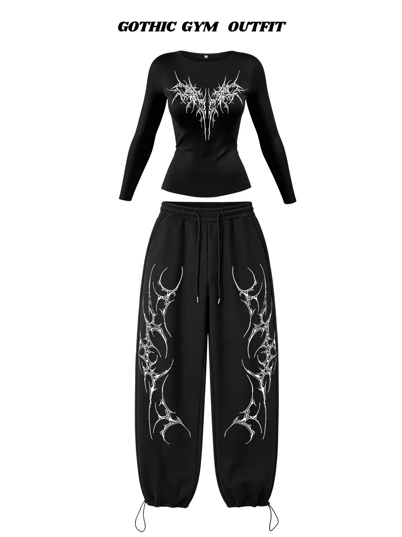 Women's Gothic Casual, Slim Fit Round Neck Top + Drawstring Cargo Pants, Punk Style, Ideal for Daily Wear & Leisure Sports