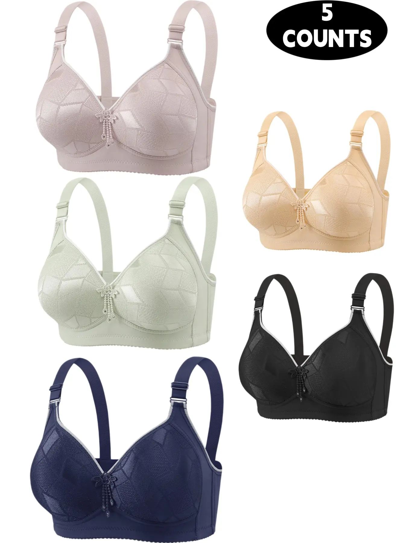 5-Piece Thin Women's Bra Set, Adjustable Straps, Contrast Lace, Comfortable Breathable Wireless Bras, Full Coverage, Medium Support