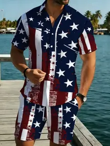 Men's American Flag Pattern Short Sleeve Shirt and Shorts Set, Summer Casual Beach, Geometric Design, Fitted Style, All Seasons