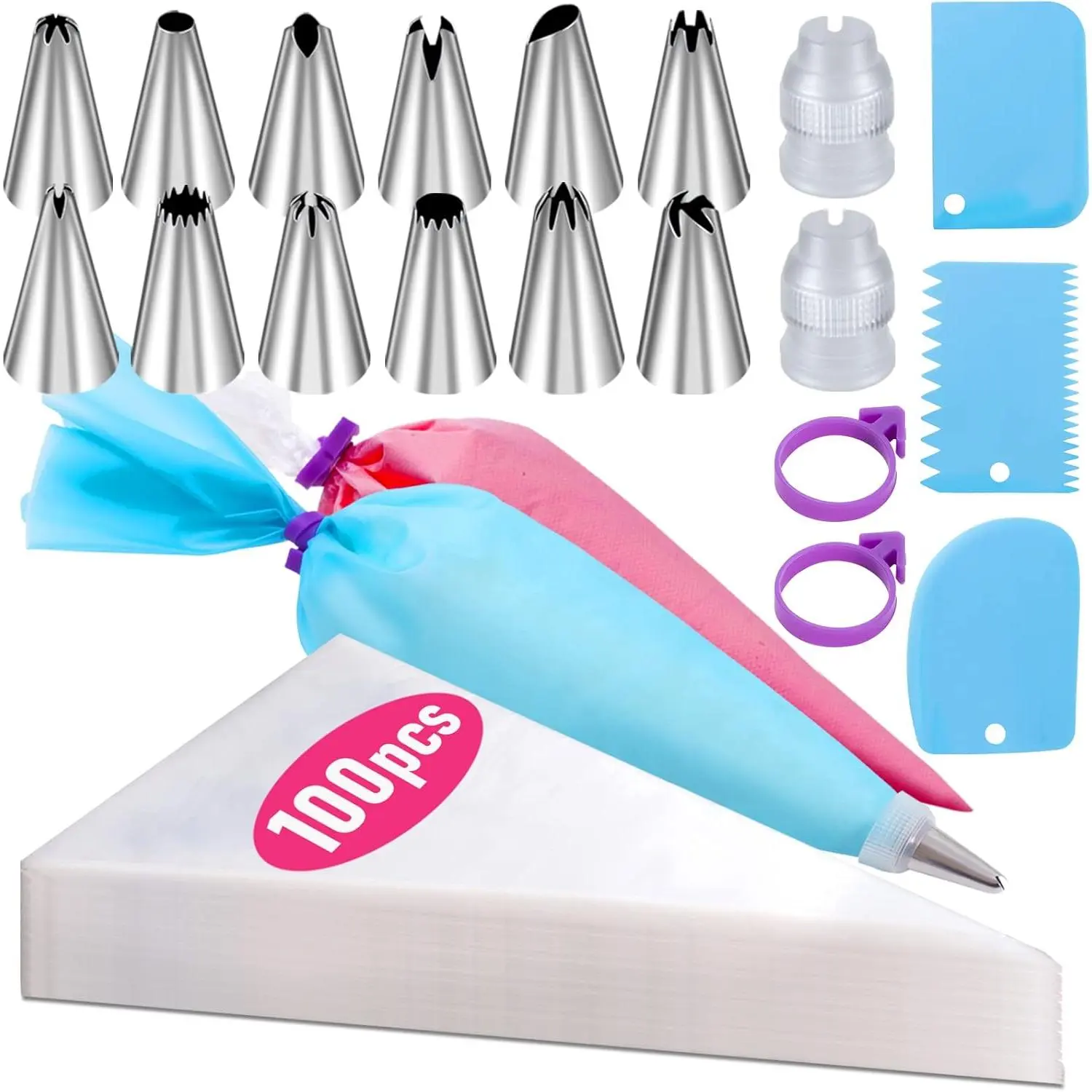 Piping Bags and Tips Set, 100 count 12 Inch Pastry Bags, Icing Bags Disposable
