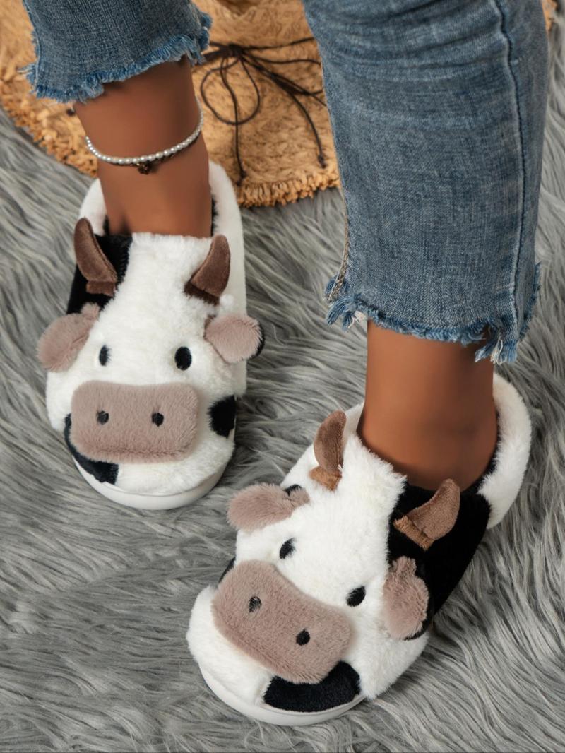 Women's New Fashion Trendy Cartoon Cow Head Indoor Outdoor Cotton Slippers, Fluffy Home Slippers, Winter Casual Warm Home Shoes, Anti-Slip Lightweight Unisex