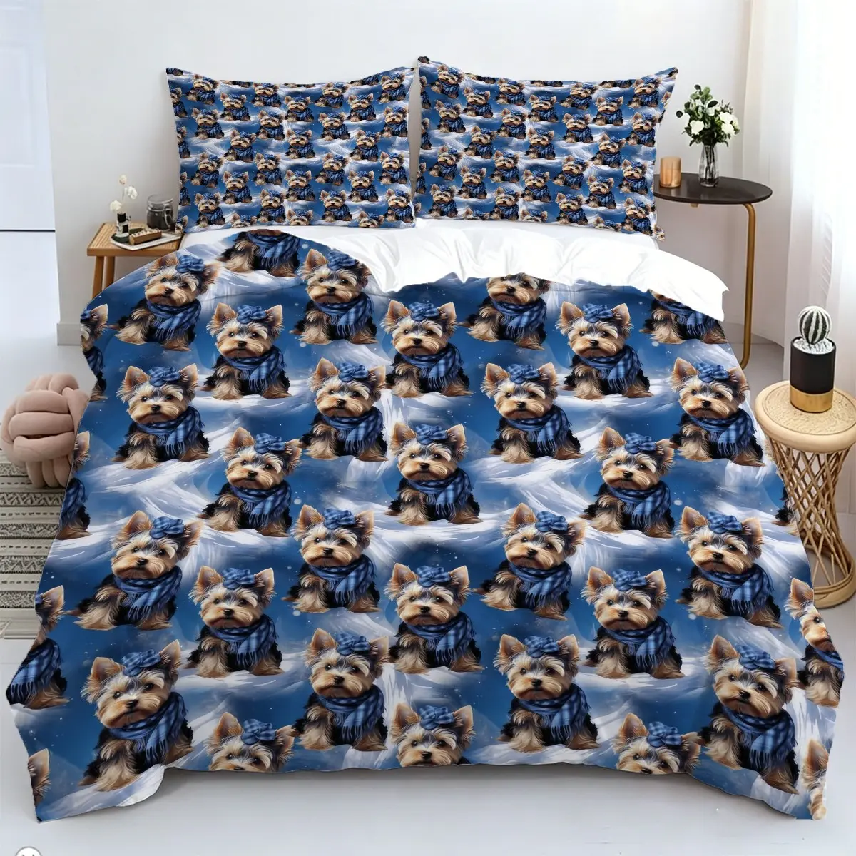 2/3pcs Adorable Yorkshire Terrier Puppy Bedding Set, Full Print Yorkie With Blue Plaid Scarf On Starry Sky Background Microfiber Duvet Cover Set, For Kids And Adults Bedroom Decor,Includes 1 Or 2 Pillowcase - No Filling/Zipper Closure