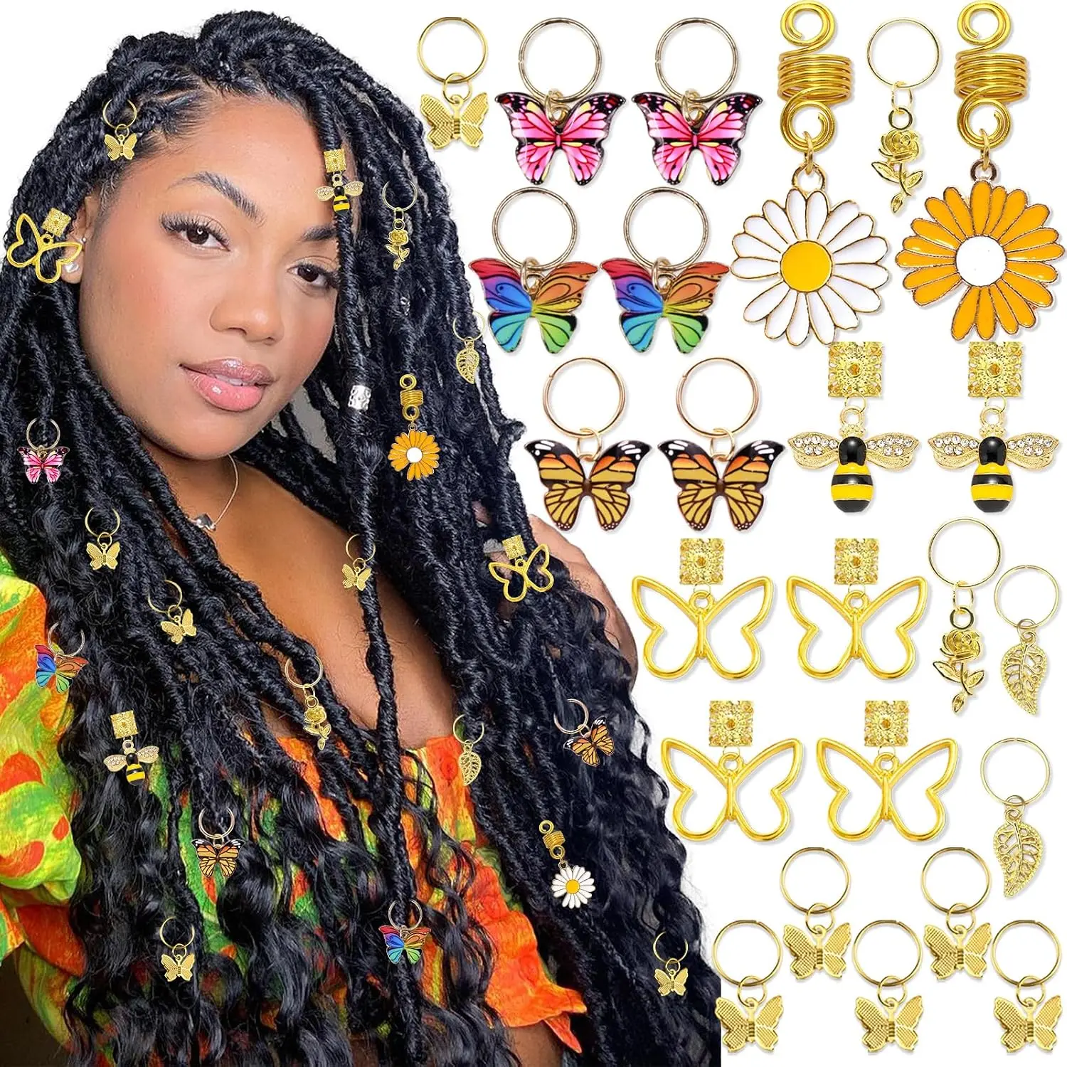 24 count  Butterfly Braid Clips Spring Hair  Dreadlock Accessories  Pendant Charms Flower Braid Clips Cuffs Rings Hair  Gifts for Women and Teen Girls