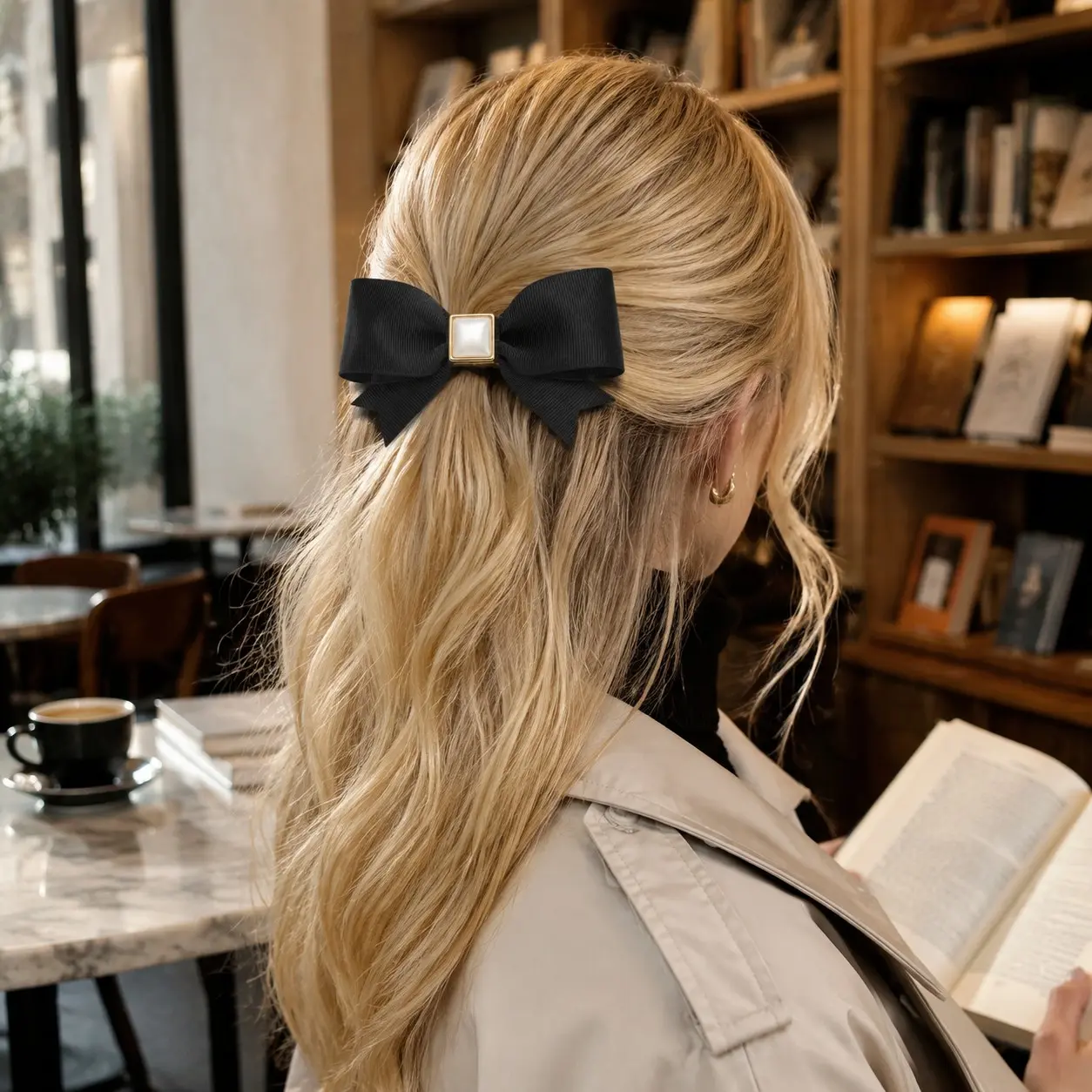Elegant Ribbon Hair Bow Clip with Square Faux Pearl, Perfect for Half-Up, Low Pony, French Twist Hairstyles, 1pc Accessory