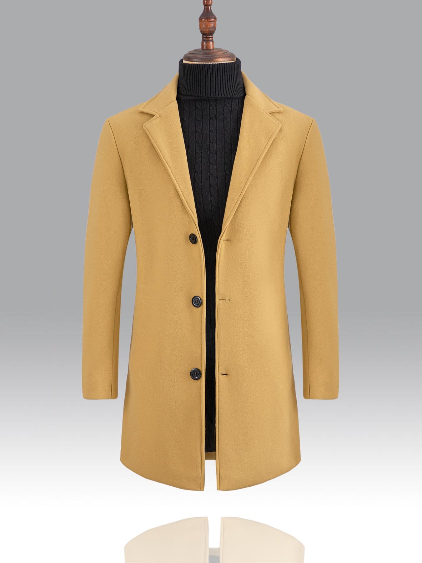 Men's Regular Fit Solid Lapel Collar Single Breasted Trench Coat, Long Sleeve Button Front Coat For Men, Fashion Casual Cozy Comfy Men's Outerwear For Winter Jackets