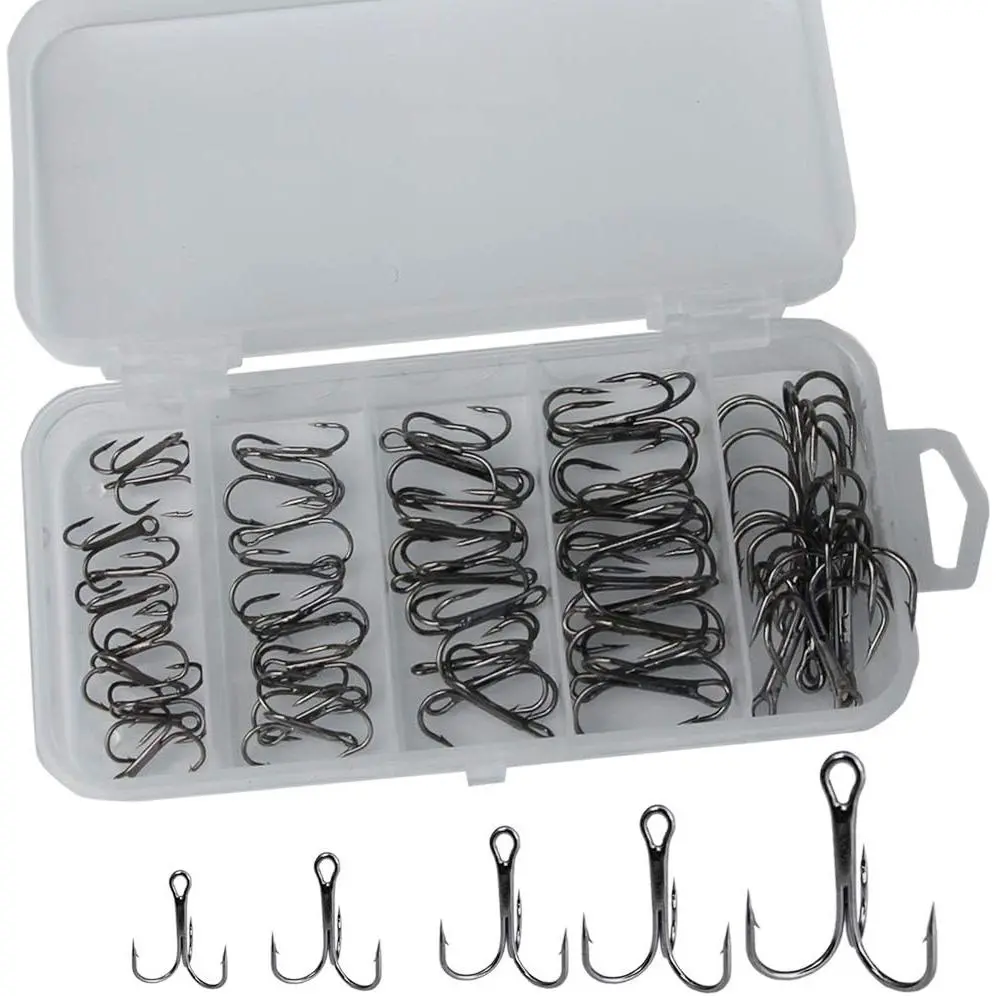 High Carbon Steel Fishing Treble Hooks Multipack, 50pcs/Box, Size 1/0 to 16, for Saltwater & Freshwater Fishing, No Warning Applicable