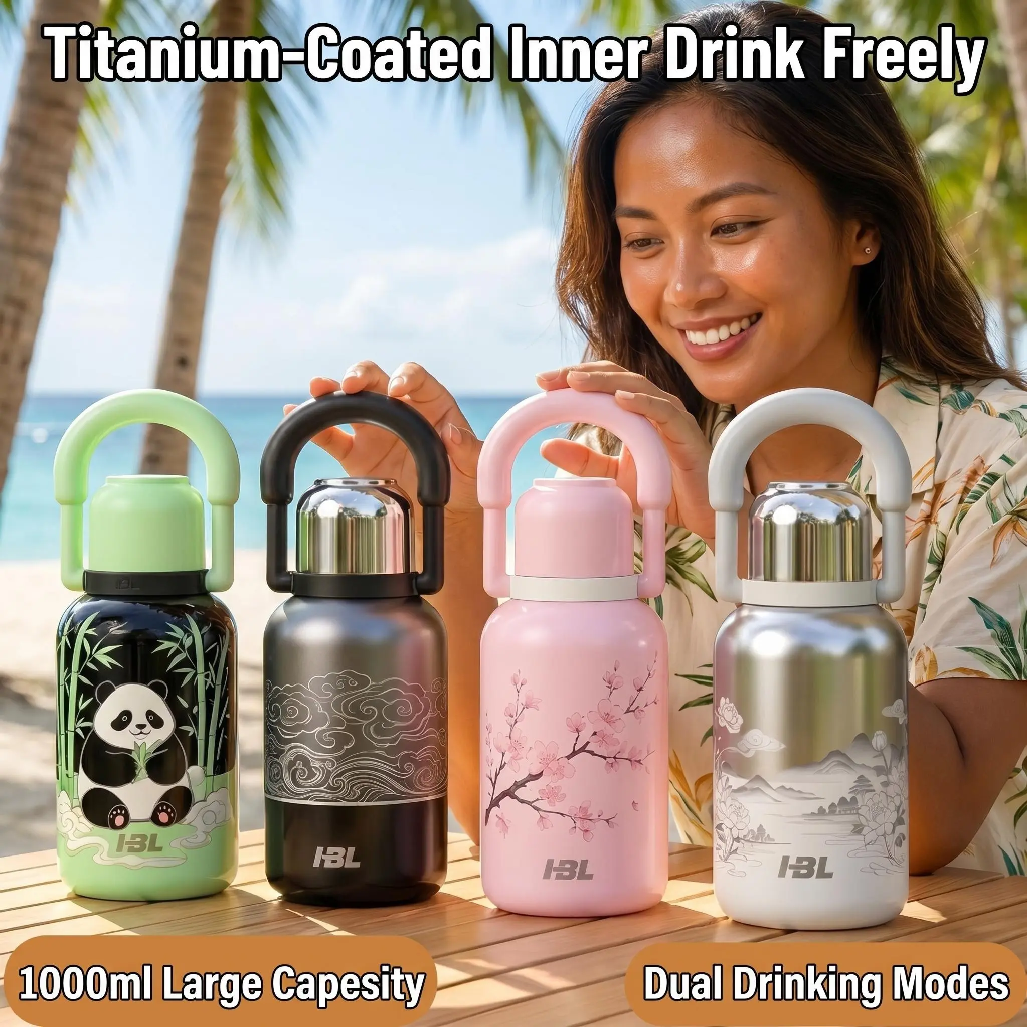 Titanium Insulated Cup, 1000ML Large Capacity, Unisex Design, Dual Drinking Options, Stylish Handle, Ideal for Outdoor Use