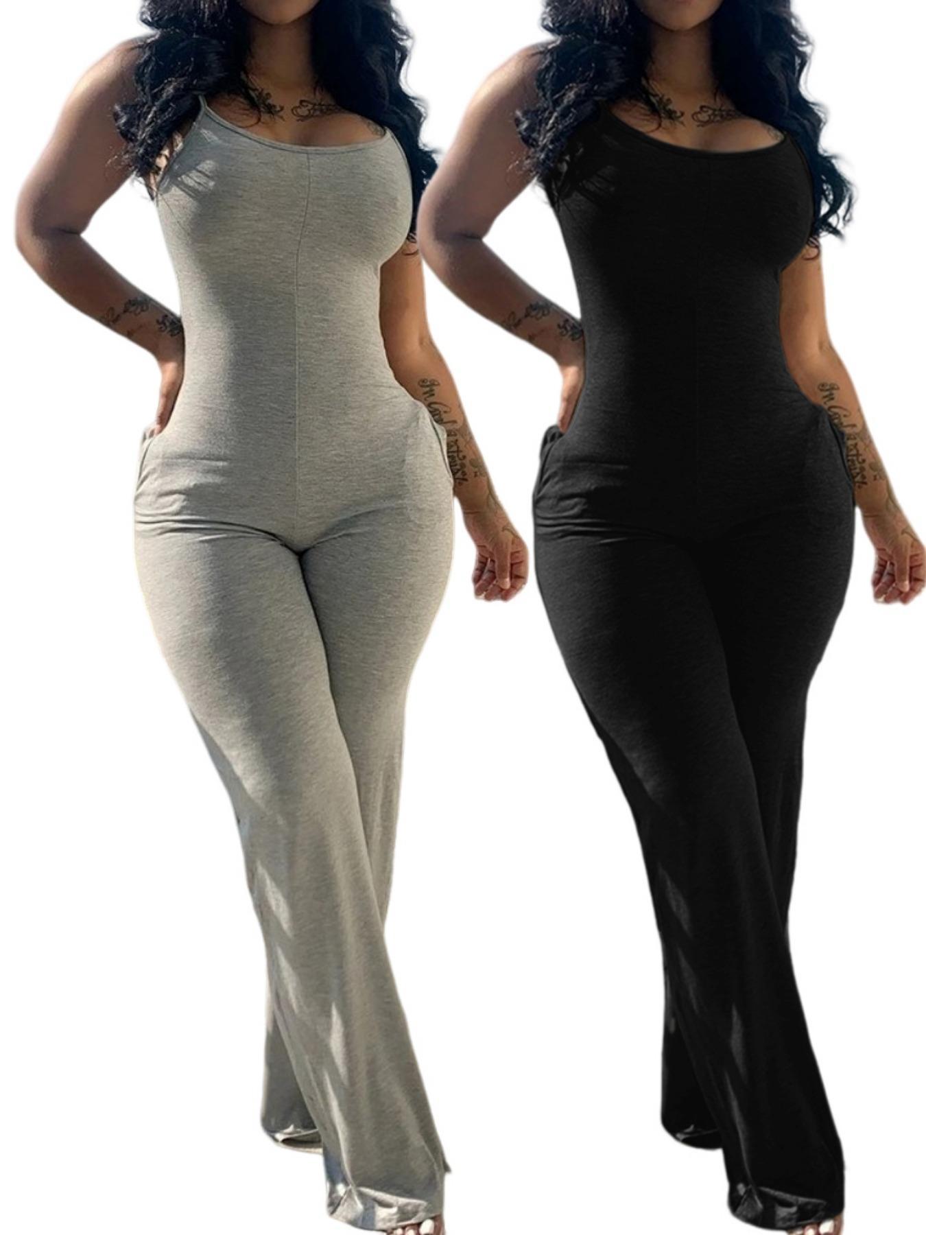 Women's Fashion Sleeveless Knit Bodycon Jumpsuit, Solid Color with Pocket Design, Tight-Fitting Casual One-Piece for Summer Women's Fashion Sleeveless Knit Bodycon Jumpsuit, Solid Color with Pocket Design, Tight-Fitting Casual One-Piece for Summer