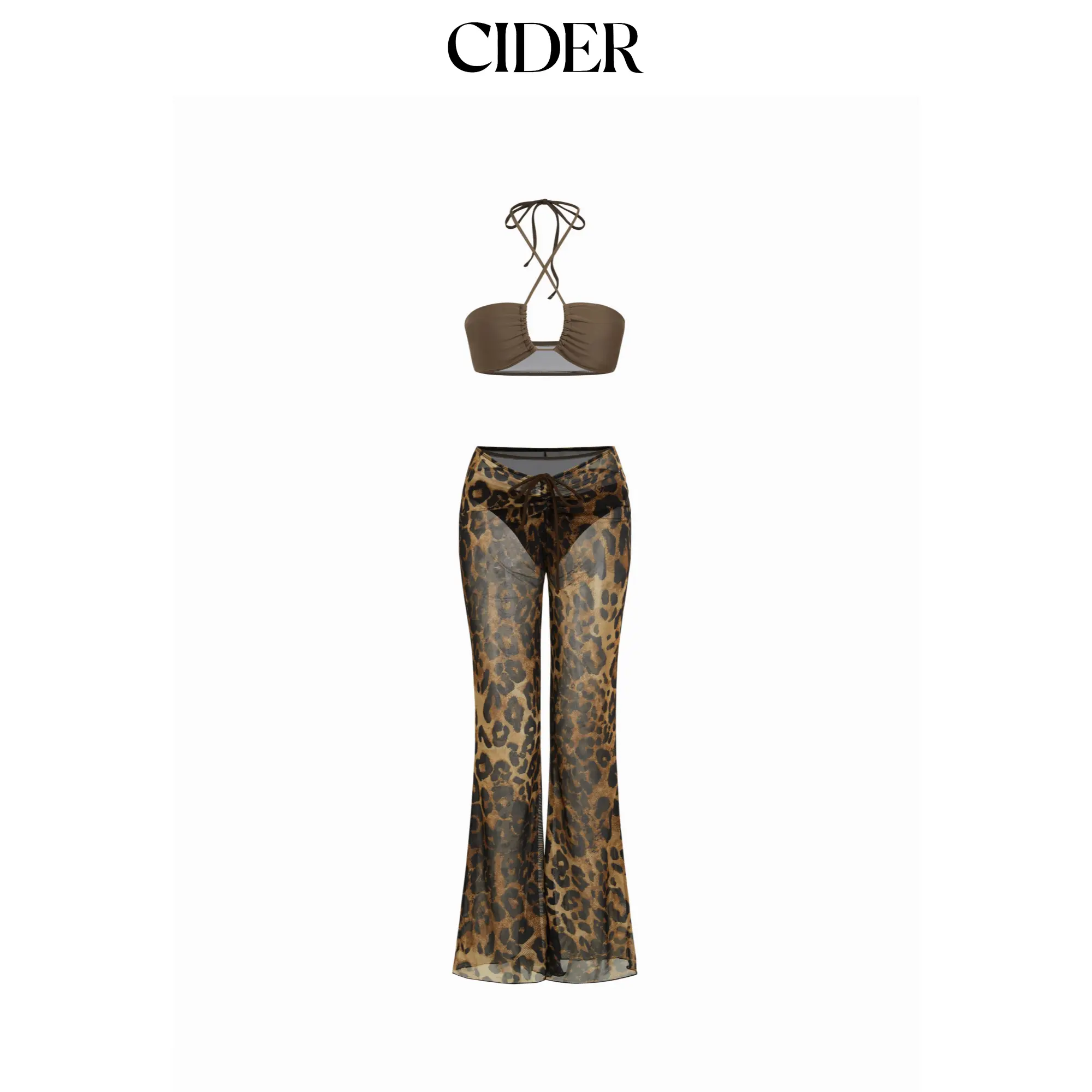Cider Halter Neckline Criss Cross Cheeky Bikini Set With Floral Cover Up Pants