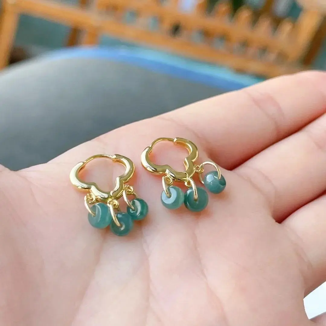 Chinoiserie Style Natural Blue Water Jade 14k Gold Lucky Cloud Fresh Earrings for Woman Party Cheongsam HanFu Birthday Gift