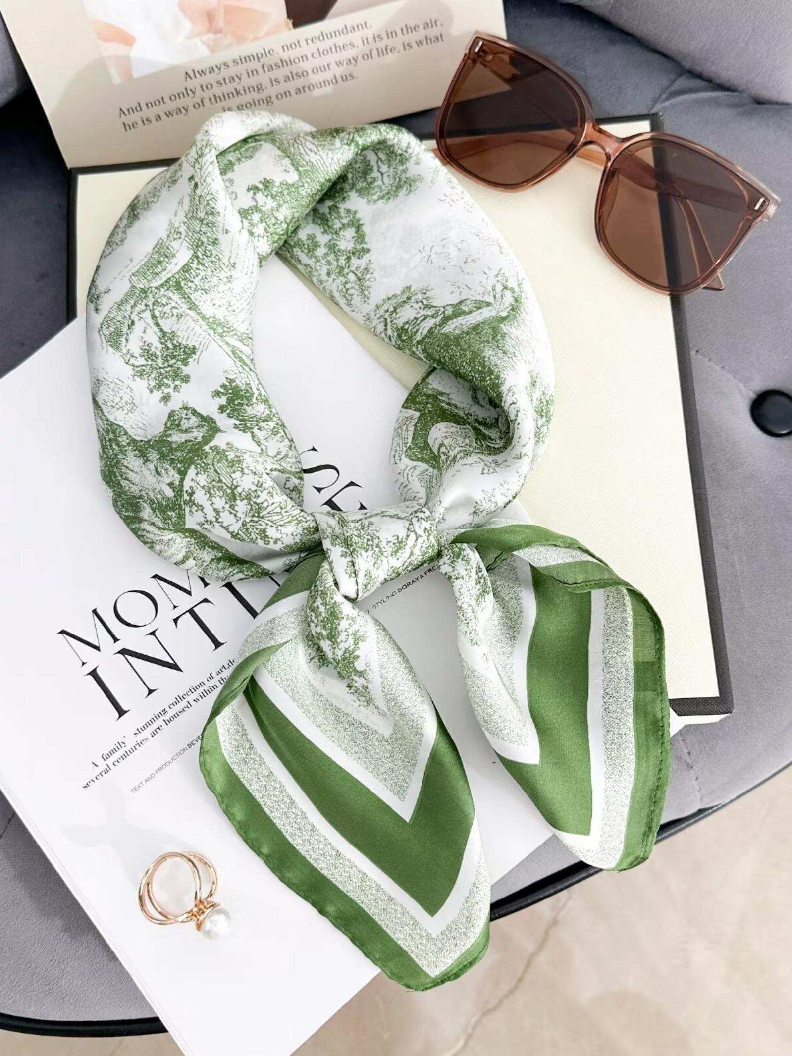 27.6 Inch Square Scarf with Landscape Print for Women, Fashionable Headband with Silk-like Elegance, All Seasons Casual Accessory for Style Enthusiasts