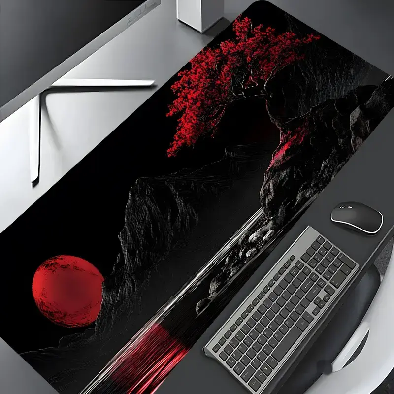 Japanese Dark Red Moon Tree Design Large Gaming Mouse Pad,Aesthetic Desktop Drotection Pad,Washable Rubber Pad Non-Slip Lock Edge Multi-Size Mouse Pad Suitable For Home Office,Good Gift for Family and Friends, Desktop Accessory, Desk Accessories backtosch