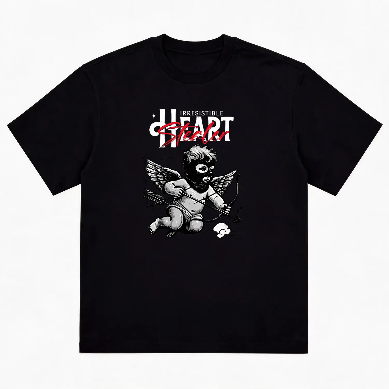 Unisex Vintage Graphic T-Shirt |     Trendy Streetwear Tee with Cupid in Mask & "Heart Stealer" Text |     Soft Cotton Casual Short Sleeve Top |     Men's Summer Graphic Shirt