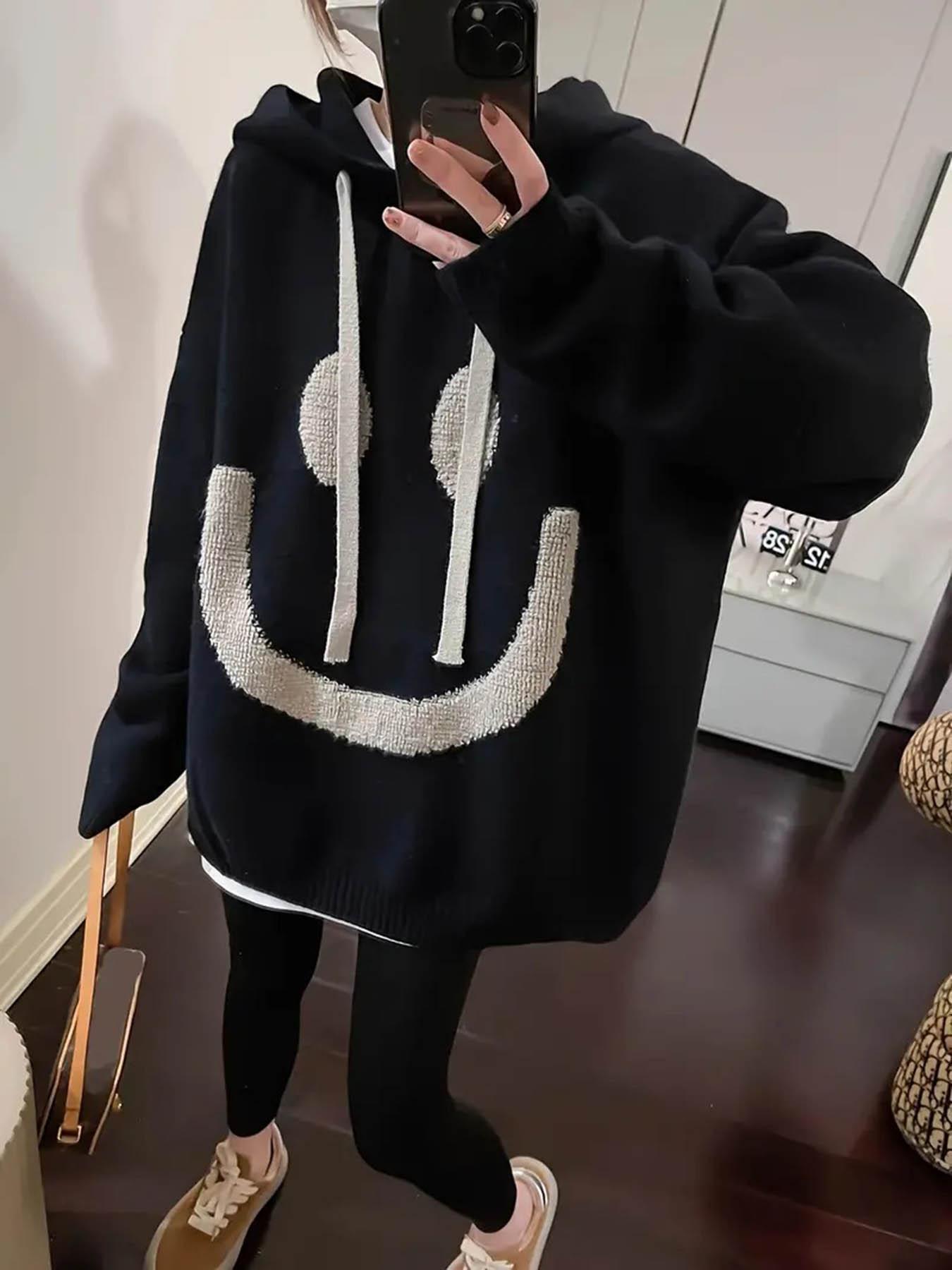 Women's Cartoon Face Print Drop Shoulder Hooded Knitted Sweater, Fashion Casual Long Sleeve Drawstring Hooded Sweater for Daily Holiday Outdoor Wear, Women Knitwear for Fall & Winter, Sweaters for Women