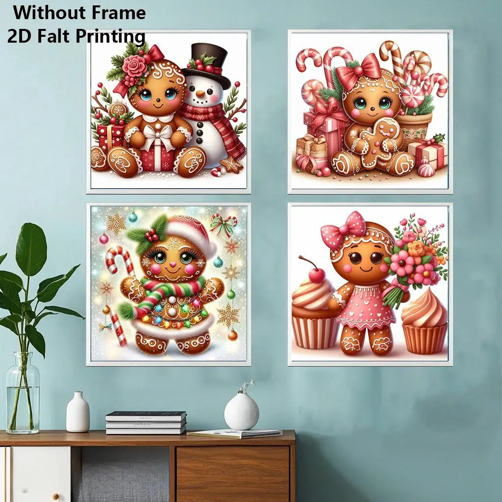 4pcs Christmas Gingerbread Diamond Painting Kit, Adult Art Craft Set, DIY Kits 5D Round Drill Acrylic Home Decor, No Frame Wall Decoration, Handmade Gifts