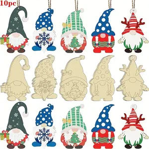 10pcs Unfinished Christmas Ornaments, Wooden Dwarf Elf Hanging Decorations, DIY Painting Graffiti, Holiday Party Birthday Decorations