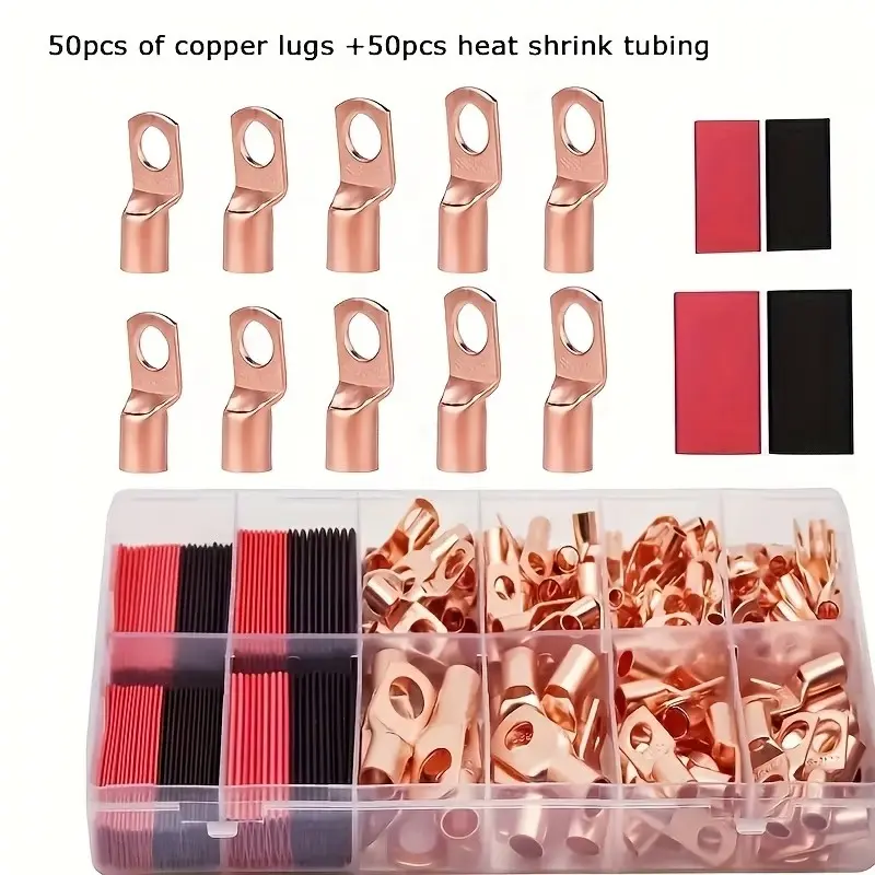 100 Copper Battery Terminal Connectors, Non-Insulated Crimp Terminals Set with 50 Heat Shrink Tubes, Ideal for Electrical Connections, Crimping Terminals