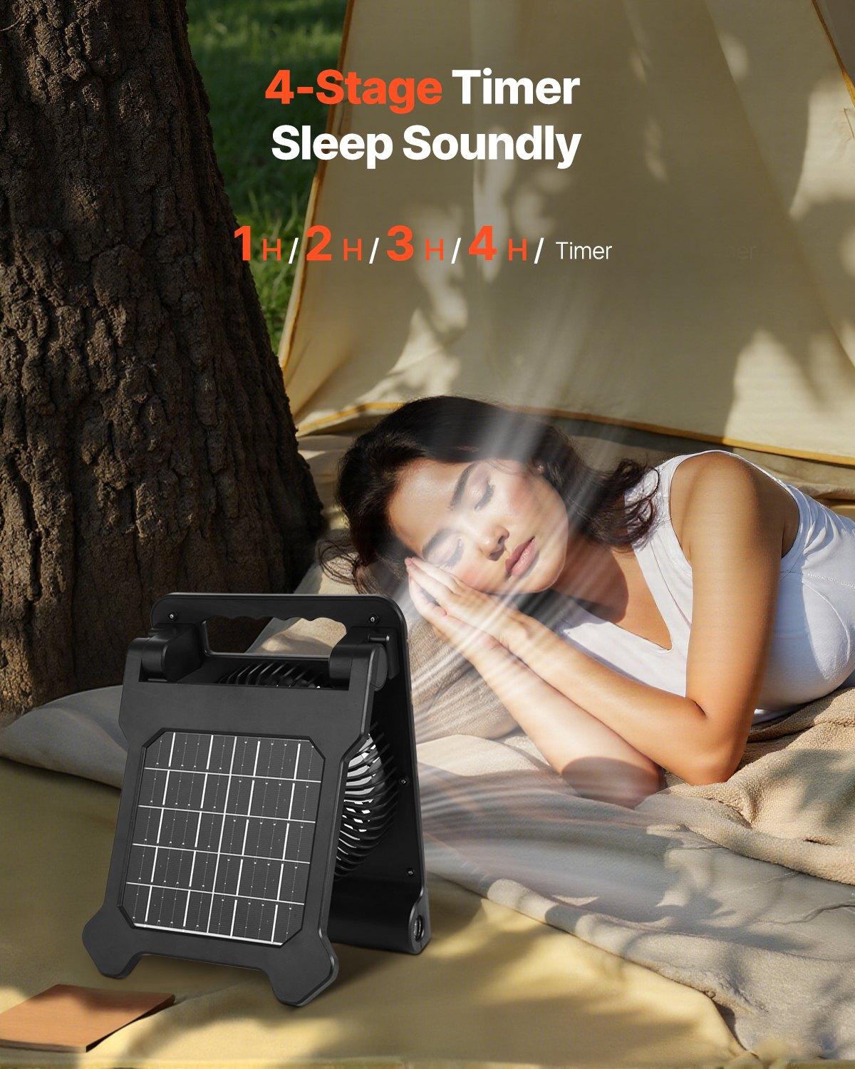 VEVOR 10000mAh Rechargeable Solar Fan with LED Lantern, 7 inch Portable Fan Cordless with 4W Foldable Solar Panel, 4-Speed& Timer& Quiet,USB Battery Powered for Camping Tent Worksite Office Desk