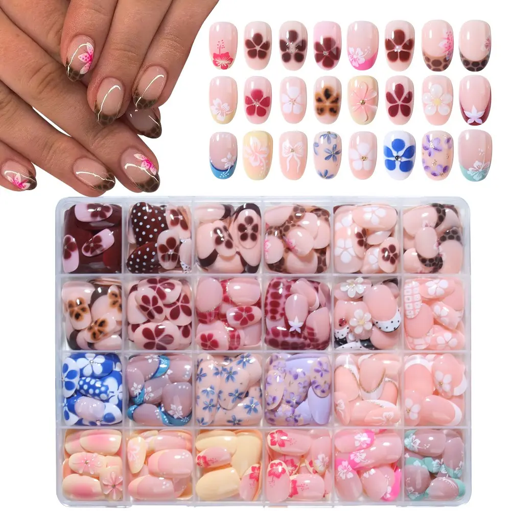 576pcs Multicolor French Flower Nails, Short Oval Press-On Nail Tips, DIY Manicure, Nail Art Supplies, Perfect for Women and Girls, Party and Daily Use