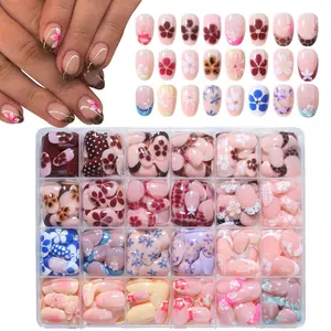 576pcs Multicolor French Flower Nails, Short Oval Press-On Nail Tips, DIY Manicure, Perfect for Women and Girls, Party and Daily Use