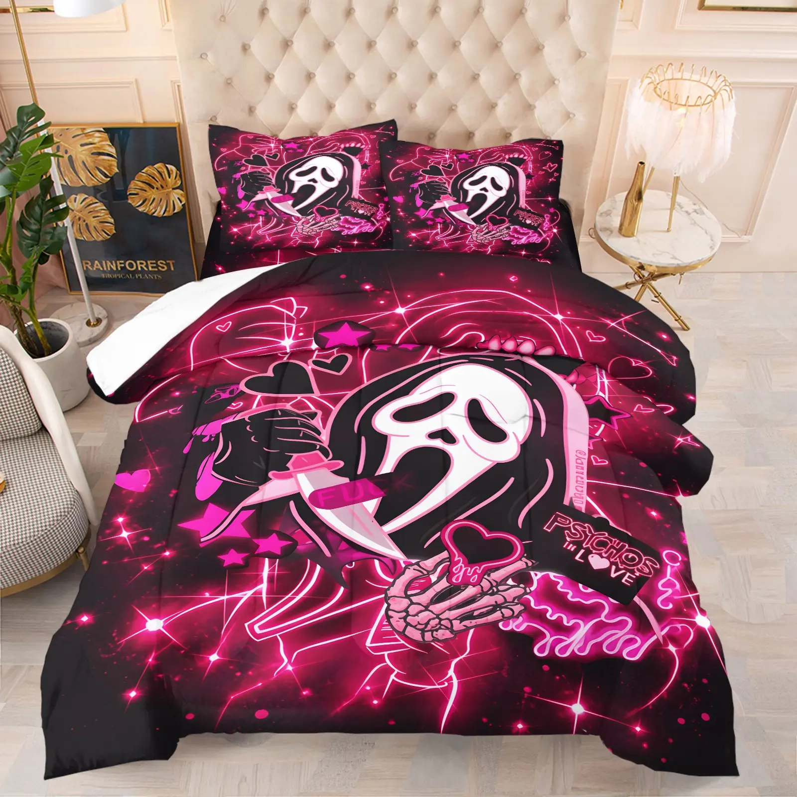 Ghostface Holding a Dagger Heart Comforter Set, 1 Quilt and 1-2 Pillowcases, Pastel Goth Y2K Hot Pink Neon Style, Plush Comfortable All Seasons, Halloween Valentine or Horror Fan Bedroom Dorm Decor
