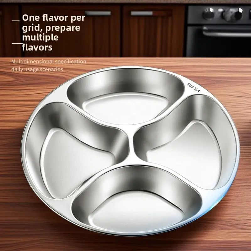 304 Food Grade Stainless Steel Meal Tray, Divided Round Plate for Adults and Students, Lunch Box, Office Cafeteria, Serving Dish