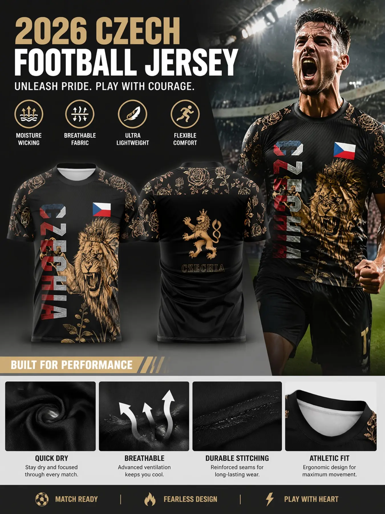 Bohemian Lion Jersey for Men, Football Jerseys, Czech Republic Flag Design, Breathable & Lightweight, Sporty Fit, Ideal for Football Fans