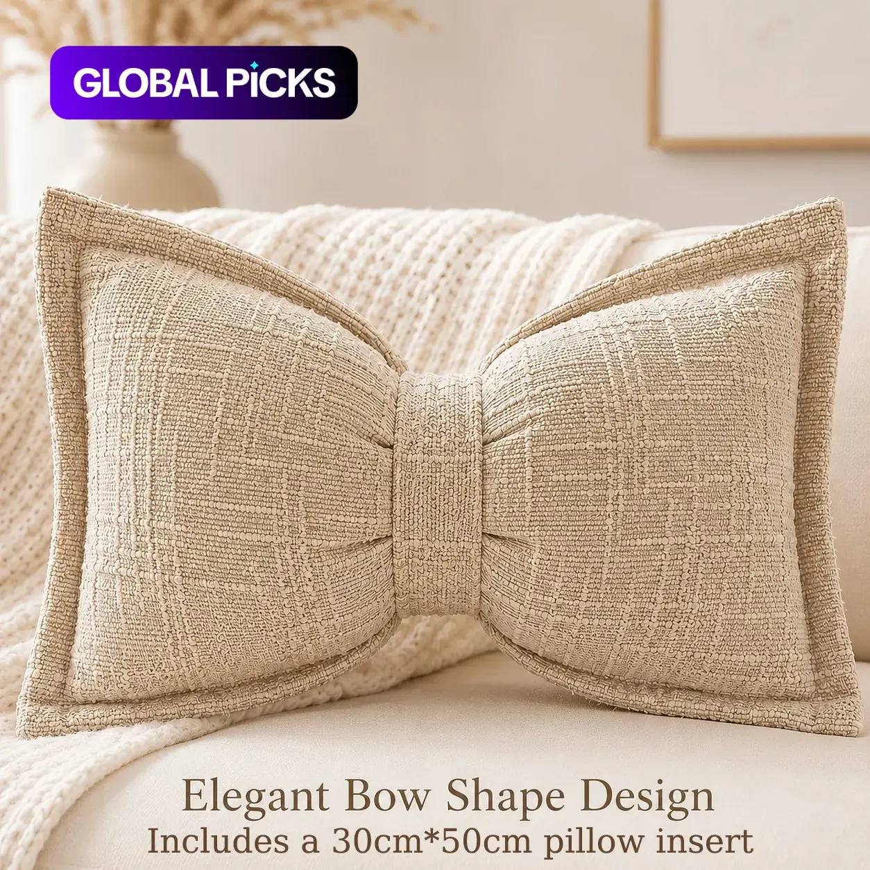Bohemian Bow Throw Pillow with Insert, Breathable Polyester Cushion, 30 x 50 cm, Sofa or Bedroom Decor, Home Decorative Cushion