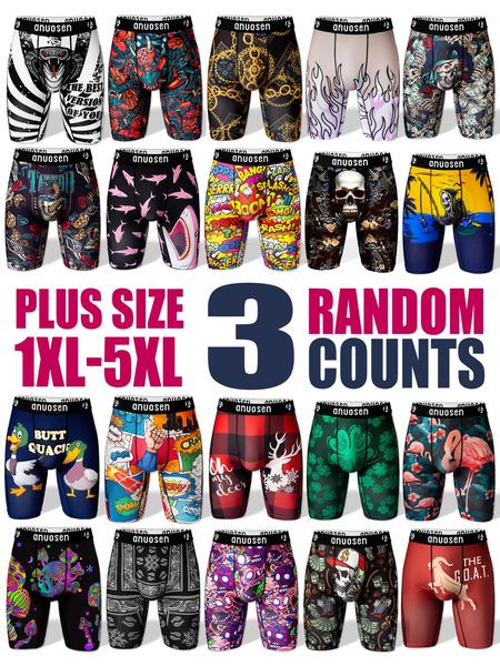 Random Plus Size 3pcs Men's Long Boxer Shorts, Casual Stretch Fit 1xl-5xl, Fun Patterns Including Cartoon, Stripes & Animal