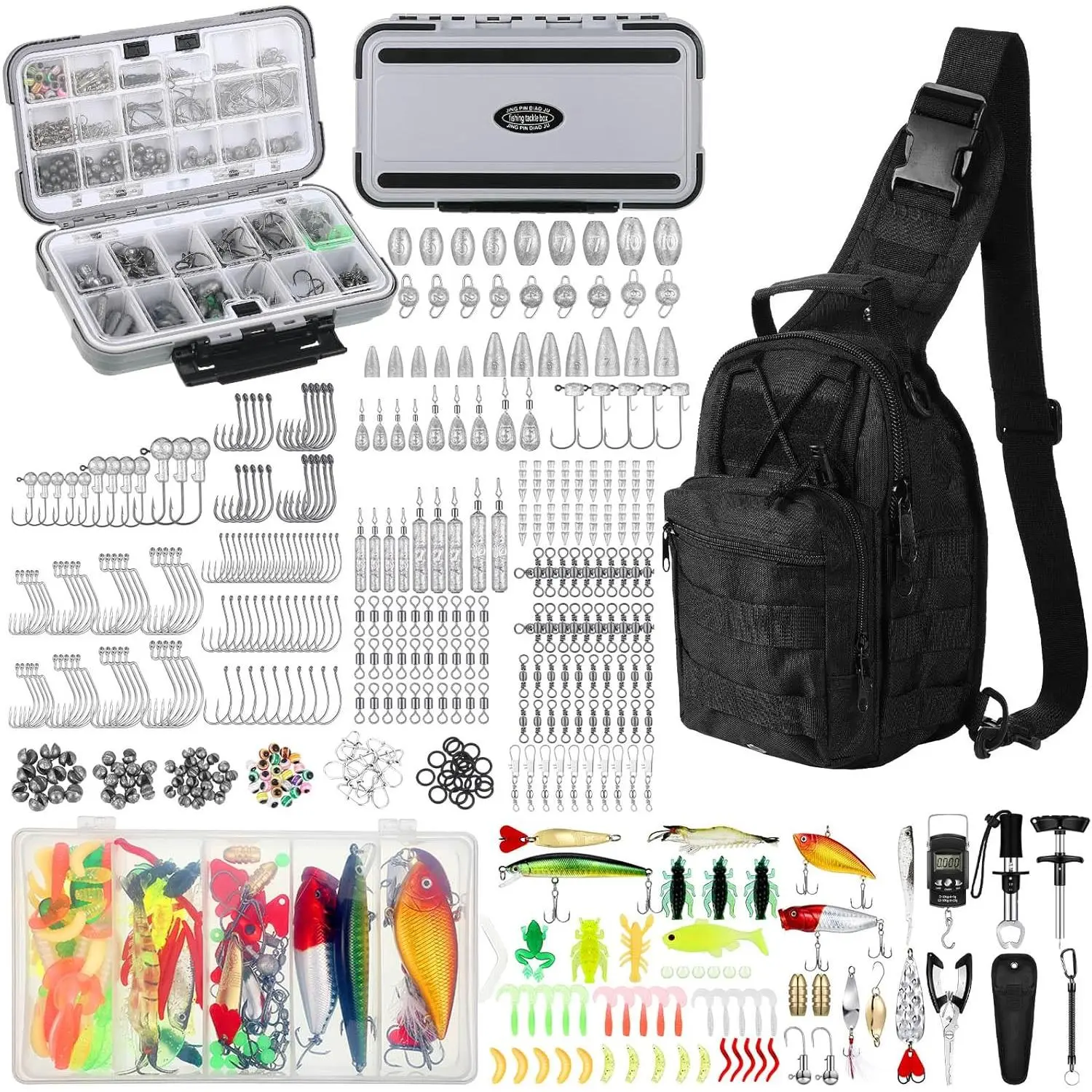 482 Pcs Fishing Sling Tackle Bag Set Fish Tackle Box Backpack Storage Fishing Gear and Equipment Included Fish Hook Remover Tool Lures Lip Gripper, Gift  Men deck