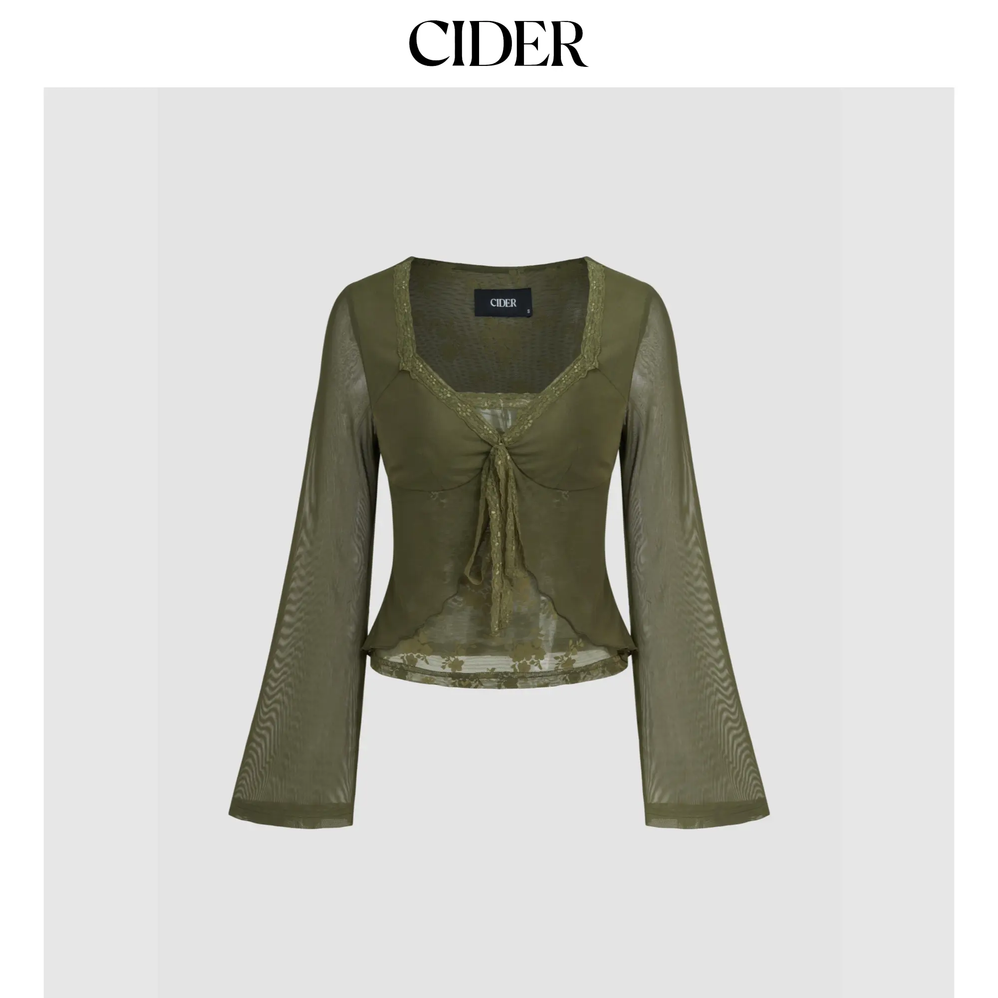 Cider [size 2-26] V-neck Solid Lace Trim Knotted Lettuce Trim Long Sleeve Top SummerFinds