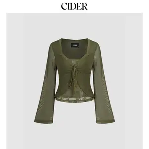 Cider [size 2-26] V-neck Solid Lace Trim Knotted Lettuce Trim Long Sleeve Top Dealsforyou