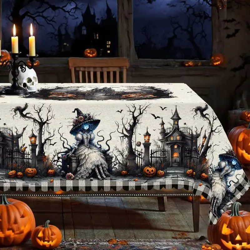 Halloween Tablecloth with Haunted House and Pumpkin Design, Rectangular Easy Care Tablecloth for Home Office Kitchen, Indoor Outdoor Use