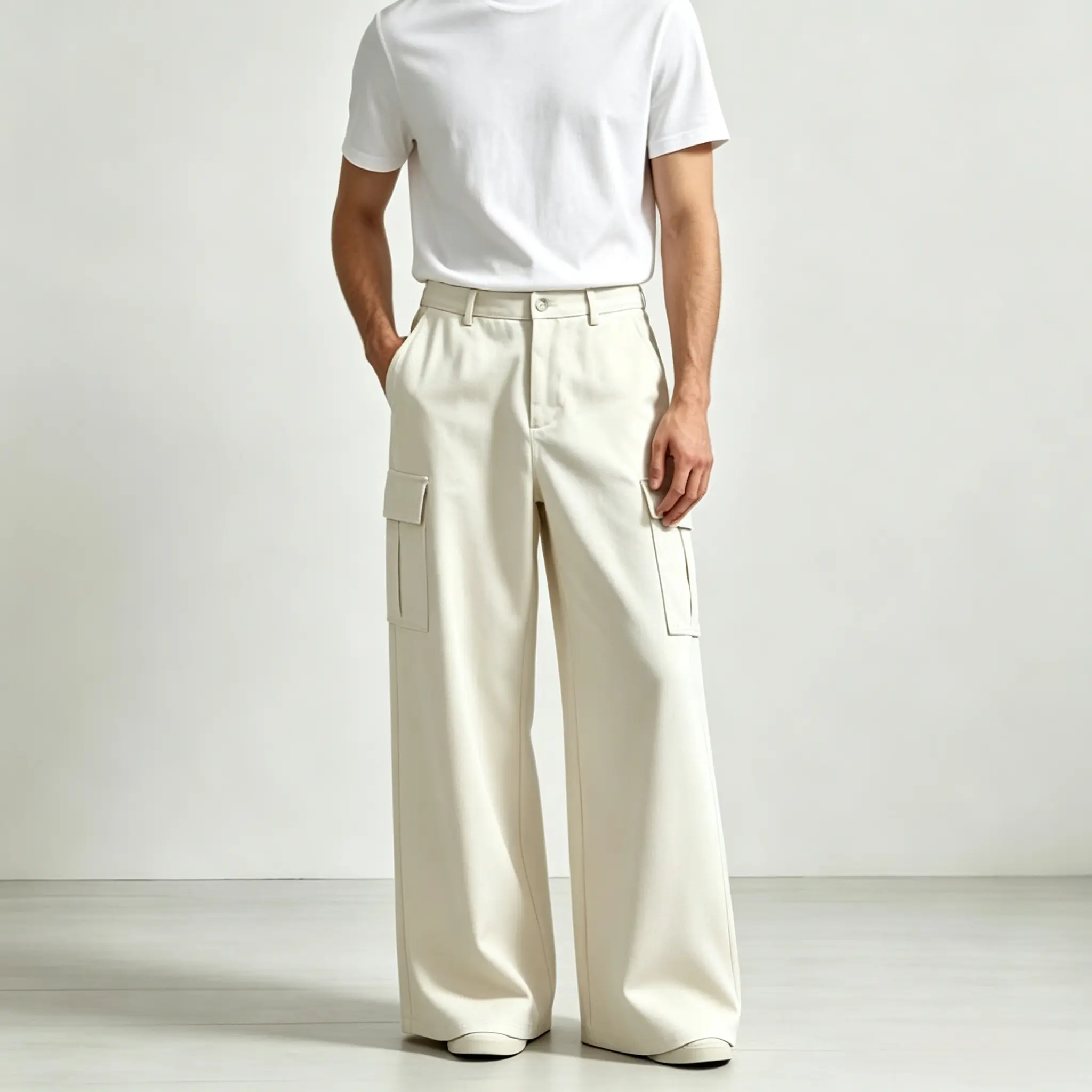 Men’s White Wide Leg Cargo Pants - Smooth Minimalist Fabric, Multi-Side Patch Pockets, Relaxed Loose Fit, Trendy Casual Trousers for Teens, Matches Tops/Vibe, Breathable Linen, Thermal Hiking Snowpants, Menswear, Plain