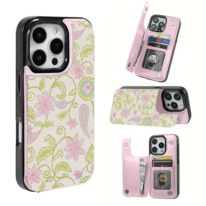 Fresh Watercolor Floral Paisley Card Holder, This phone case features a card slot function, can store bank cards, transit cards and other cards, suitable for iPhone 17/16/15/14/13/12, and makes a great gift for girls.