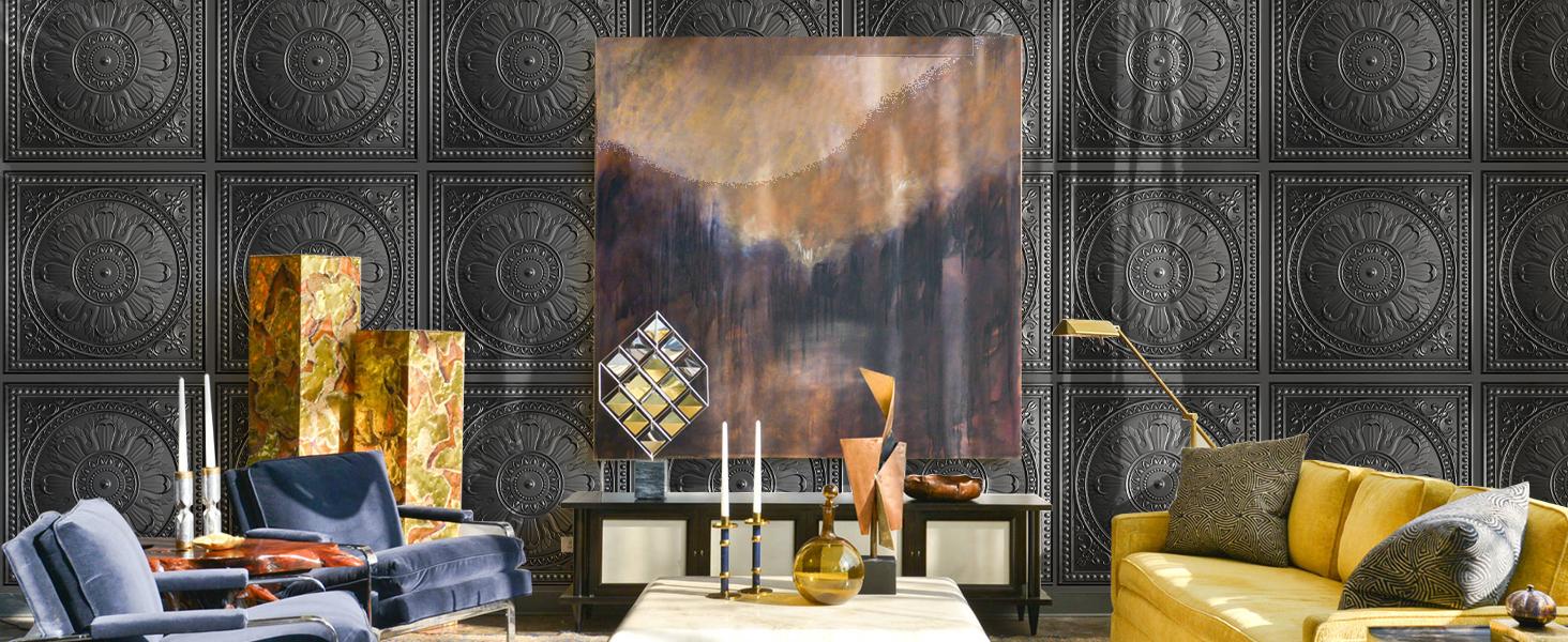 Drop Ceiling Tiles 24"x24", PVC Panels Ceiling Tiles Waterproof Reusable, Covers 48 Sq.Ft., Baroque Decorative Tiles for Home & Use (Pack of 12, Black)
