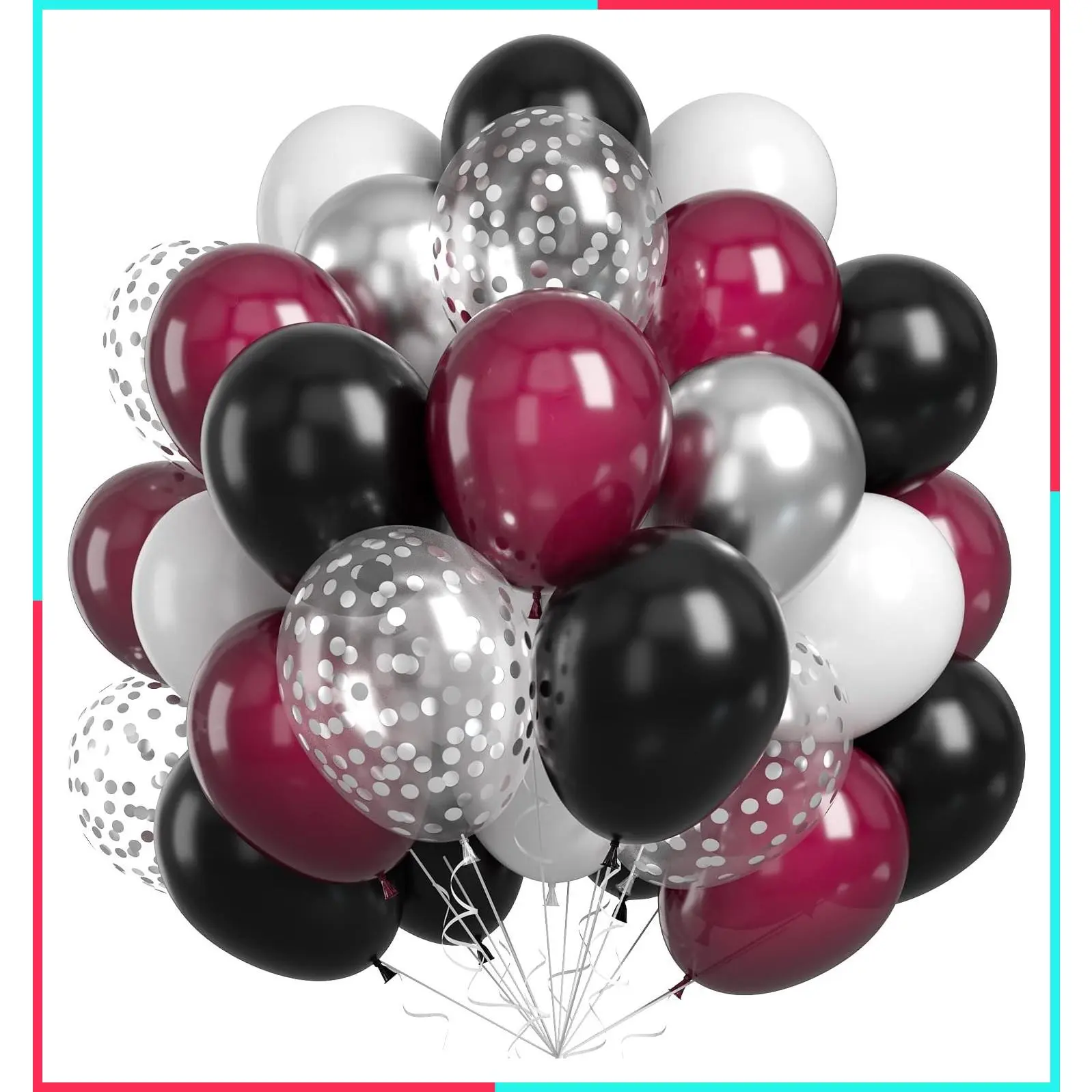 Burgundy Black Silver Balloons, Wine Red Maroon Metallic Chrome Silver Latex Balloons with Silver Confetti for Birthday Bridal Shower Wedding Party Decorations