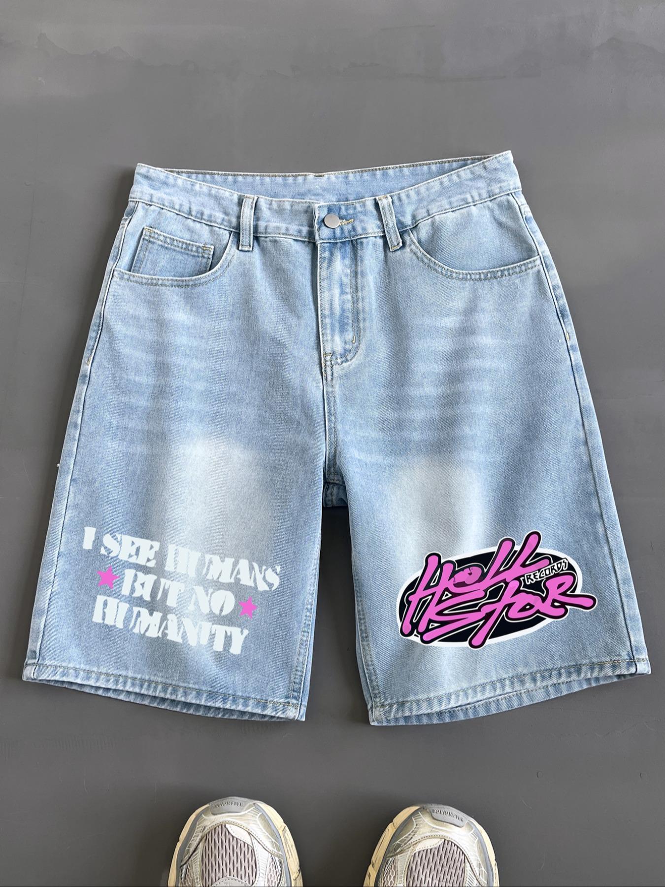 Men's Colorblock Letter Print Denim Shorts, Casual Loose Fit Distressed Shorts for Summer, Fashion Men's Bottoms for Daily Wear, Cotton, Graphic Shorts