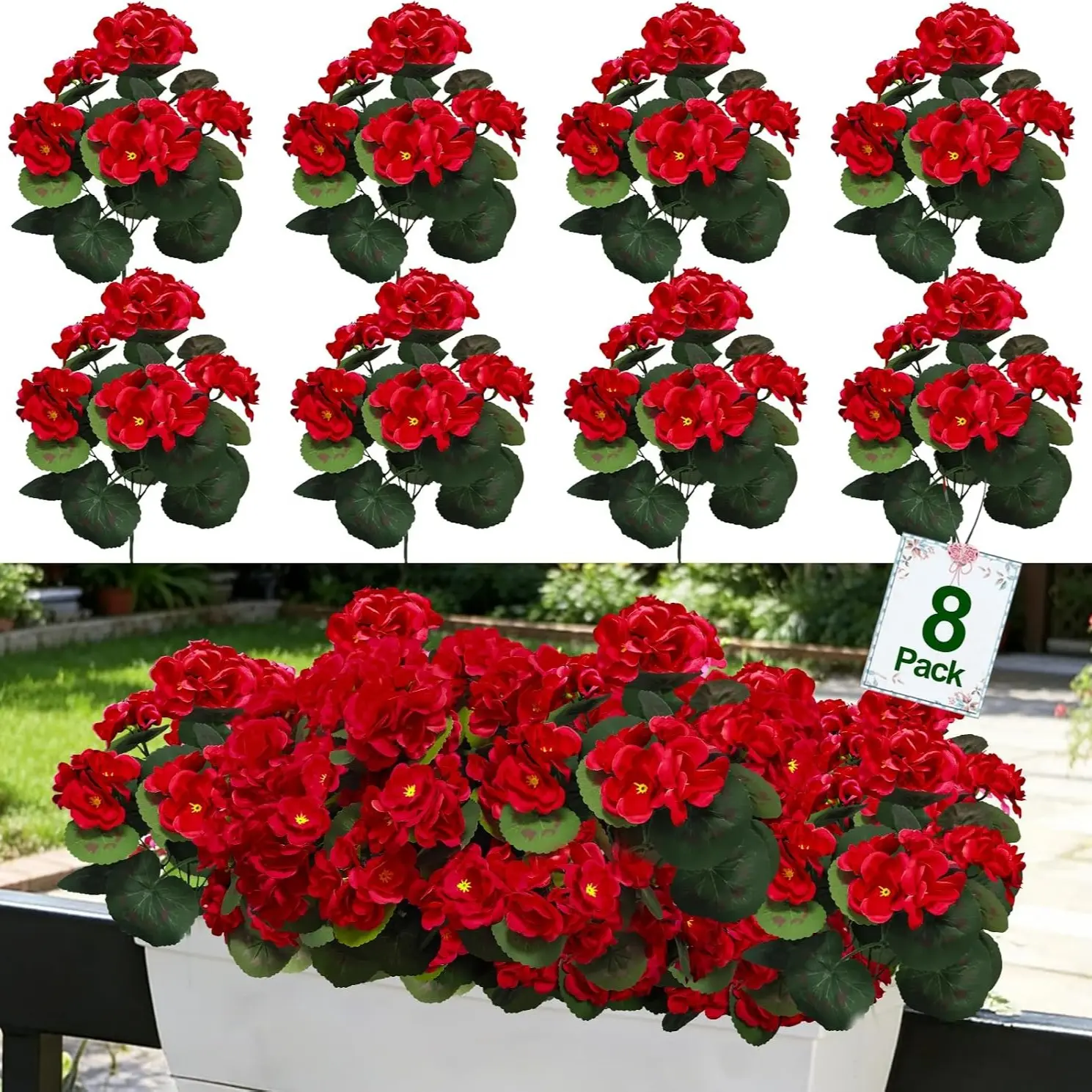 Realistic Geranium Flowers, UV-Resistant Artificial Plants, Plastic Sunflower Decorations, Indoor Outdoor Decoration, 8 Pieces