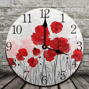 1pc 10inch Red Hero Flower White Drawing Style Round Wall Clock Home Garden Wall Decorative For Bedroom Office School Art AA Battery (Not Included)